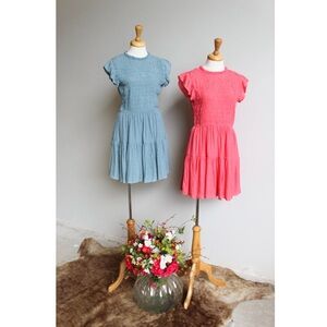 TALULAH Blue Ruffle Smocked Dress Sundress Tiered Knee Pleated Length Flowy L